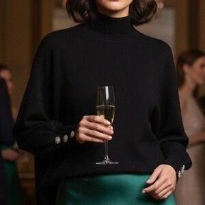 Tahari Large $118 Black Mock Neck Sweater Pearl Cluster Button Balloon Sleeves‎